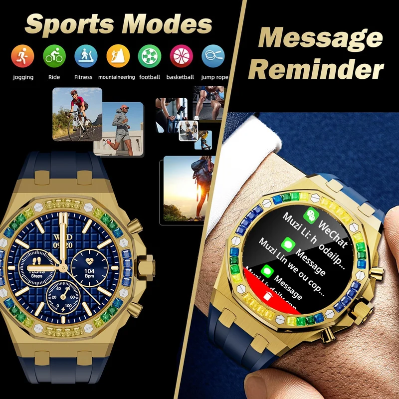 Smart Watch Answer Make Calls Message Reminder Smartwatch Compatible iPhone Heart Rate Monitor Bluetooth Diamond Smart Watches for Men
