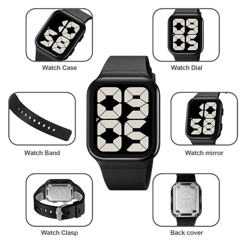 Findtime Unisex Square Big Numbers Dial Digital Watch for Men Women Seniors, 50M Waterproof Large LED Electronic Time Pink Wristwatch Simple Designer