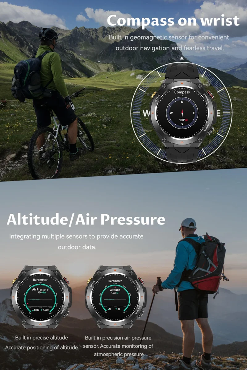 Smart Watch Answer/Make Calls GPS Tracker Message Notification Smartwatch Compass Altitude Barometer Heart Rate Monitor Waterproof Smart Watches for Men
