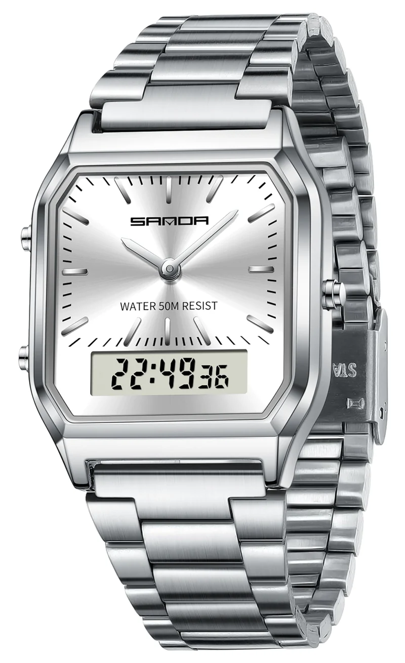 Findtime Analogue Digital Watch for Women Men 5ATM Waterproof Watch Stopwatch Alarm Wrist Watch Stainless Steel Business Silver Watch LED Backlight Casual Ladies Watch