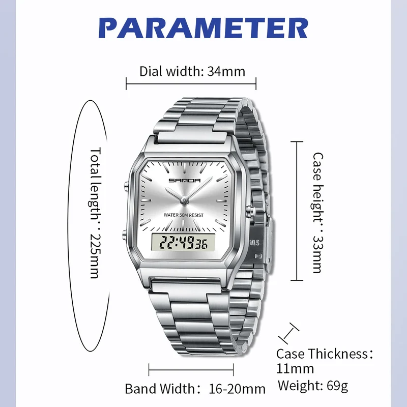 Findtime Analogue Digital Watch for Women Men 5ATM Waterproof Watch Stopwatch Alarm Wrist Watch Stainless Steel Business Silver Watch LED Backlight Casual Ladies Watch