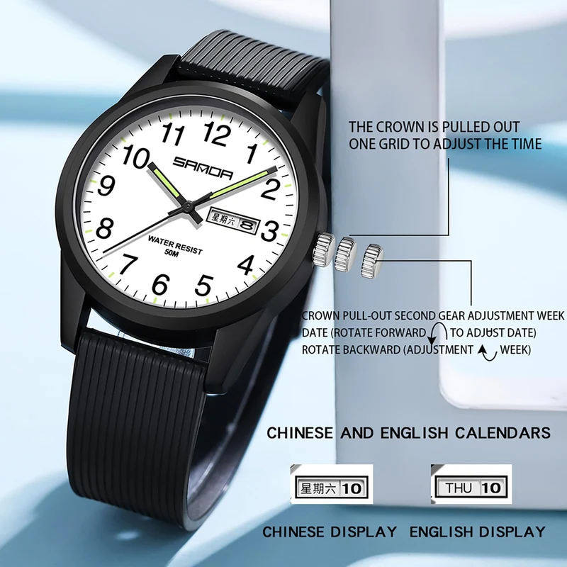 Findtime Day Date Watches for Men Easy Read Dial with Luminous Analog Second Hand Gold Arabic Numerals Waterproof White Silicone Band