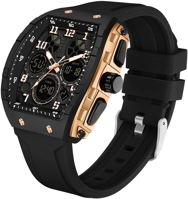 Findtime Designer Watches for Men Unique Rectangle Dial White Wristwatch with Digital Analog Dual Time Display Punk Cool Design -6157