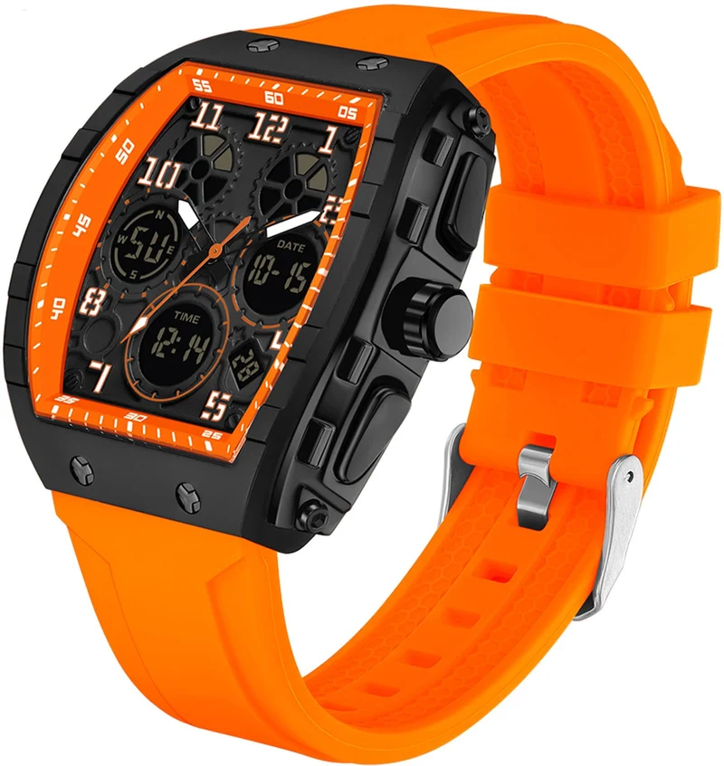 Findtime Designer Watches for Men Unique Rectangle Dial White Wristwatch with Digital Analog Dual Time Display Punk Cool Design -6157
