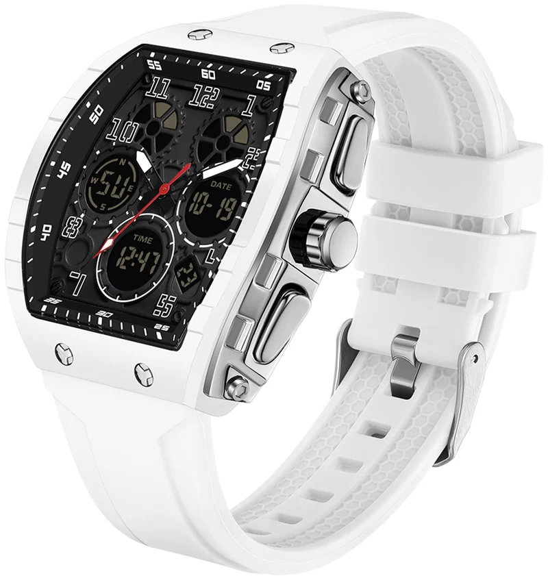 Findtime Designer Watches for Men Unique Rectangle Dial White Wristwatch with Digital Analog Dual Time Display Punk Cool Design -6157