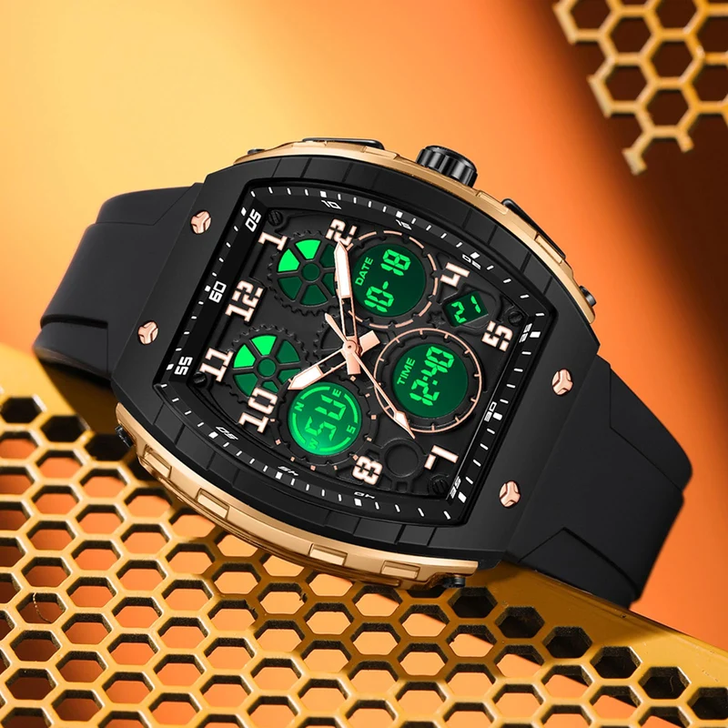 Findtime Designer Watches for Men Unique Rectangle Dial White Wristwatch with Digital Analog Dual Time Display Punk Cool Design -6157