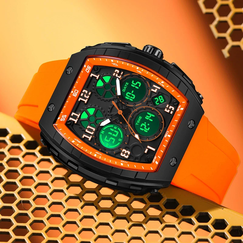 Findtime Designer Watches for Men Unique Rectangle Dial White Wristwatch with Digital Analog Dual Time Display Punk Cool Design -6157