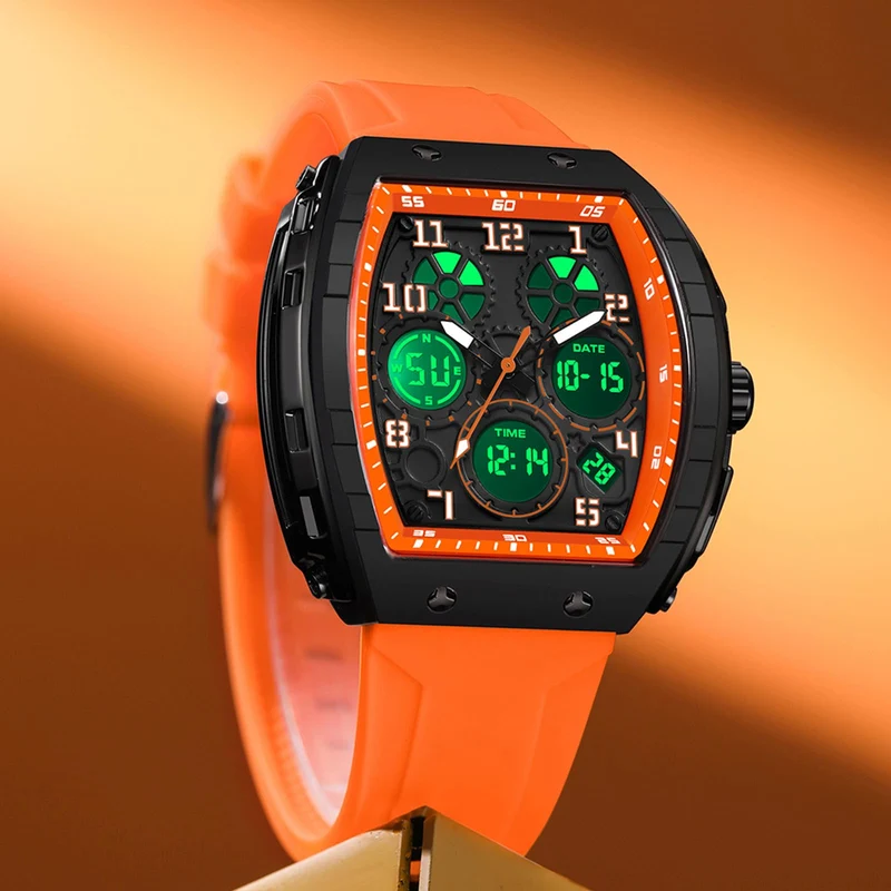 Findtime Designer Watches for Men Unique Rectangle Dial White Wristwatch with Digital Analog Dual Time Display Punk Cool Design -6157