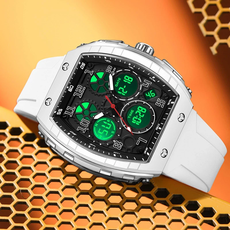 Findtime Designer Watches for Men Unique Rectangle Dial White Wristwatch with Digital Analog Dual Time Display Punk Cool Design -6157