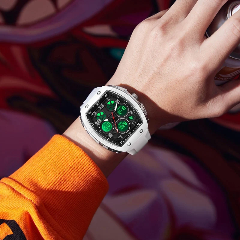 Findtime Designer Watches for Men Unique Rectangle Dial White Wristwatch with Digital Analog Dual Time Display Punk Cool Design -6157