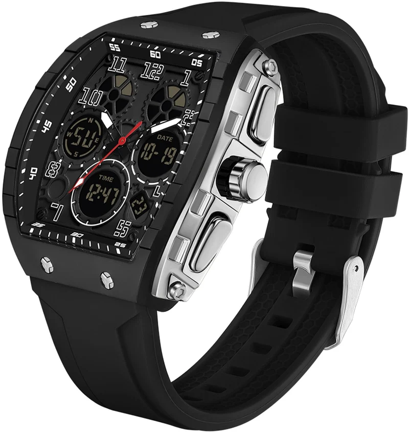 Findtime Designer Watches for Men Unique Rectangle Dial White Wristwatch with Digital Analog Dual Time Display Punk Cool Design -6157
