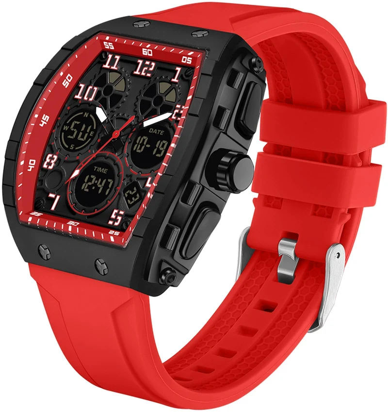 Findtime Designer Watches for Men Unique Rectangle Dial White Wristwatch with Digital Analog Dual Time Display Punk Cool Design -6157