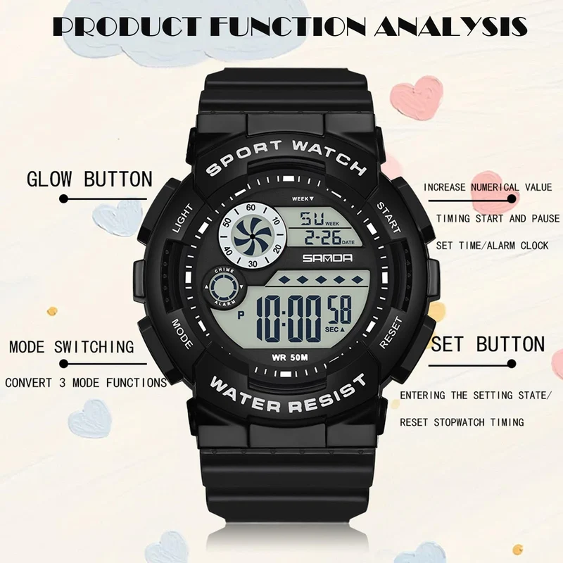 Findtiome Digital Watch Womens Sport Waterproof Watches for Women with Alarm Stopwatch Hourly Chime LED Display -6114