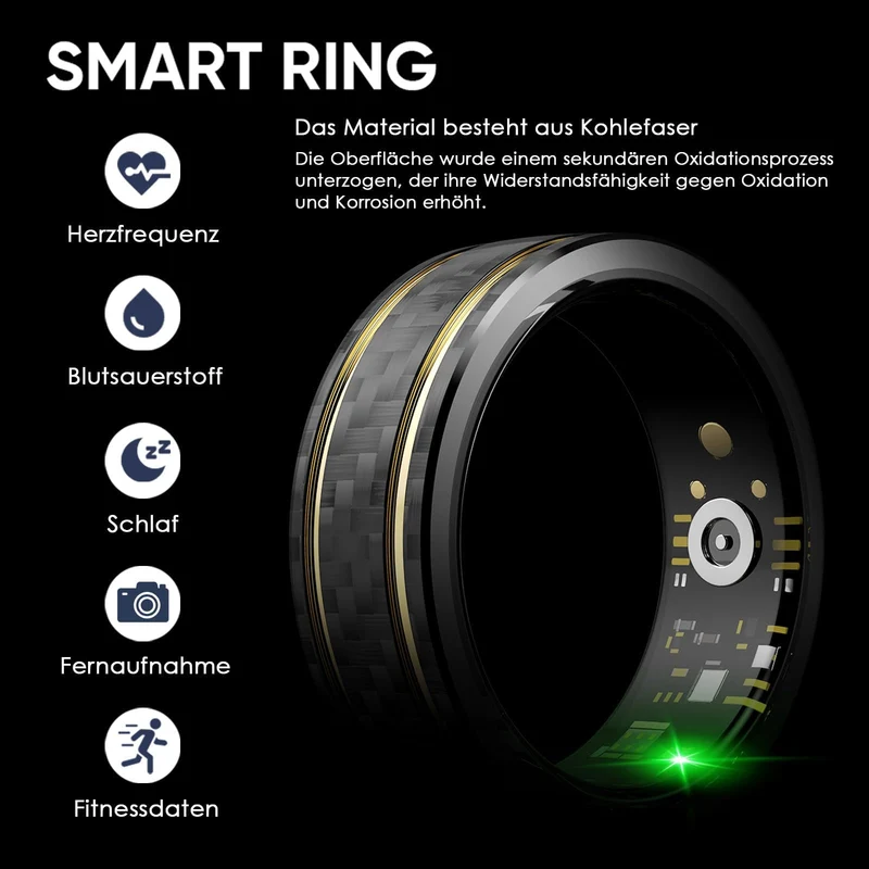 W8 Smart Ring Heart Rate Monitor Blood Pressure Ring Sleep Tracker Blood Oxygen Fitness Tracker Pedometer Step Counter Calories Fitness Ring Waterproof Health Smart Rings for Men Women Carbon Fiber Ring