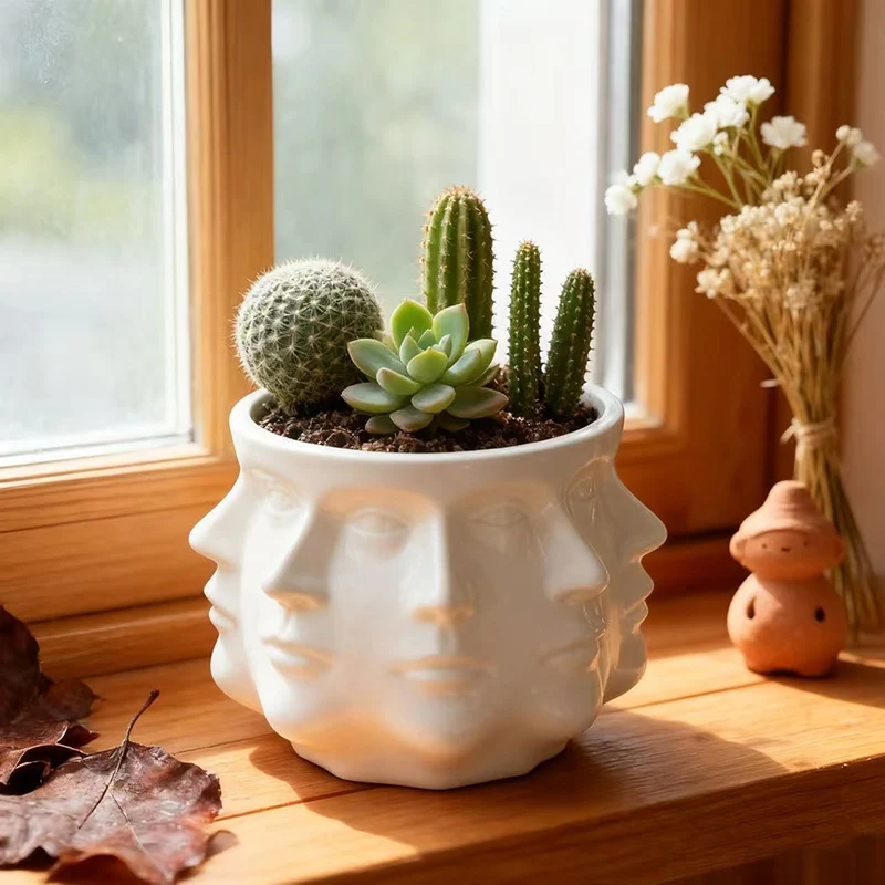 Moderner Blumentopf mit geometrischem Gesichtsmuster