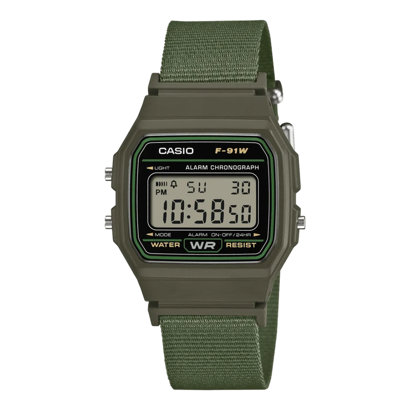 Casio F-91WF-3AEF Timeless Collection Damen- und Jugenduhr Khaki • Recyceltes Textilarmband • LED-Beleuchtung