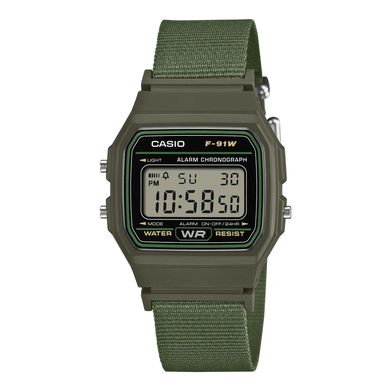 Casio F-91WF-3AEF Timeless Collection Damen- und Jugenduhr Khaki • Recyceltes Textilarmband • LED-Beleuchtung