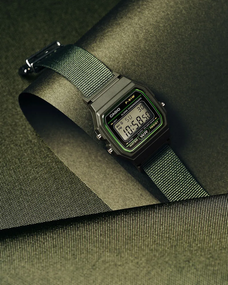 Casio F-91WF-3AEF Timeless Collection Damen- und Jugenduhr Khaki • Recyceltes Textilarmband • LED-Beleuchtung