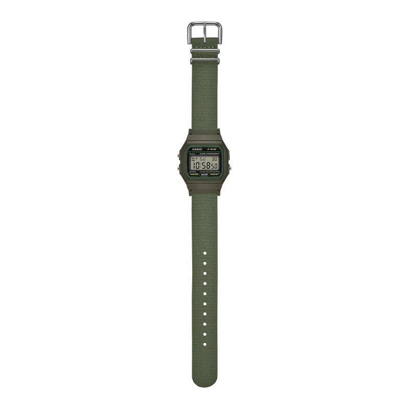 Casio F-91WF-3AEF Timeless Collection Damen- und Jugenduhr Khaki • Recyceltes Textilarmband • LED-Beleuchtung