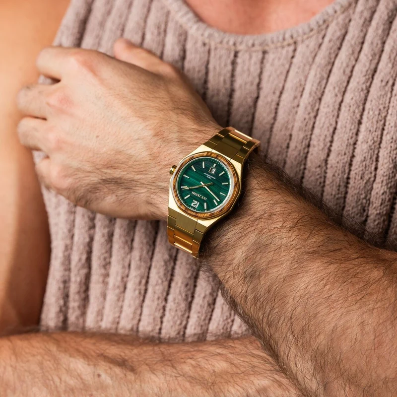 Holzkern Libertalia Libertalia Malachit Herren Armbanduhr • Echtes Malachit-Zifferblatt • Zebrano-Holz & Edelstahl