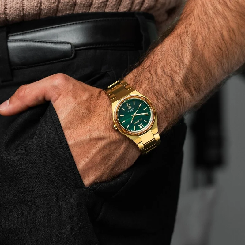 Holzkern Libertalia Libertalia Malachit Herren Armbanduhr • Echtes Malachit-Zifferblatt • Zebrano-Holz & Edelstahl