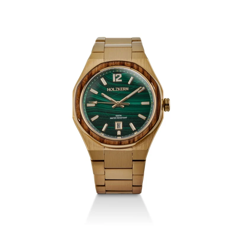 Holzkern Libertalia Libertalia Malachit Herren Armbanduhr • Echtes Malachit-Zifferblatt • Zebrano-Holz & Edelstahl