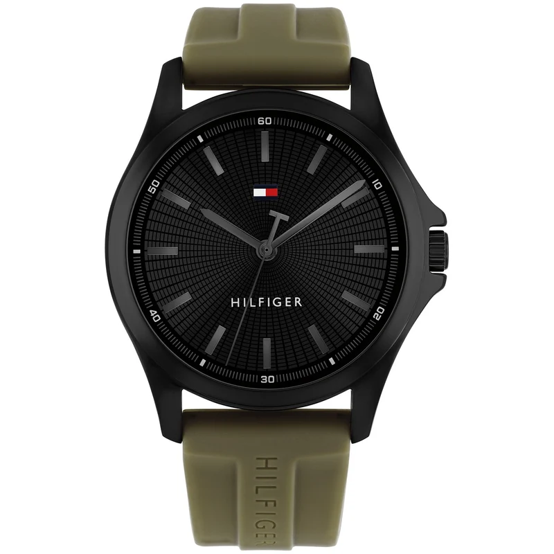 Tommy Hilfiger Bruce 1710741 Herrenuhr Schwarz • Militärgrünes Silikonarmband • Tachymeter-Lünette