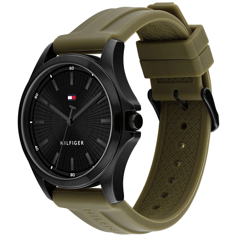 Tommy Hilfiger Bruce 1710741 Herrenuhr Schwarz • Militärgrünes Silikonarmband • Tachymeter-Lünette