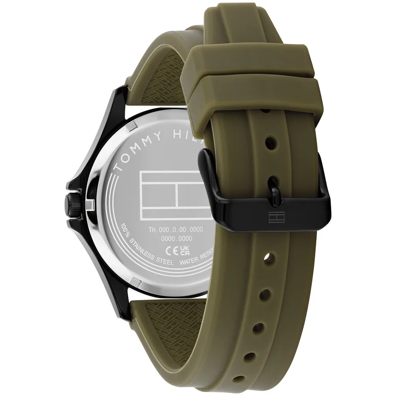Tommy Hilfiger Bruce 1710741 Herrenuhr Schwarz • Militärgrünes Silikonarmband • Tachymeter-Lünette