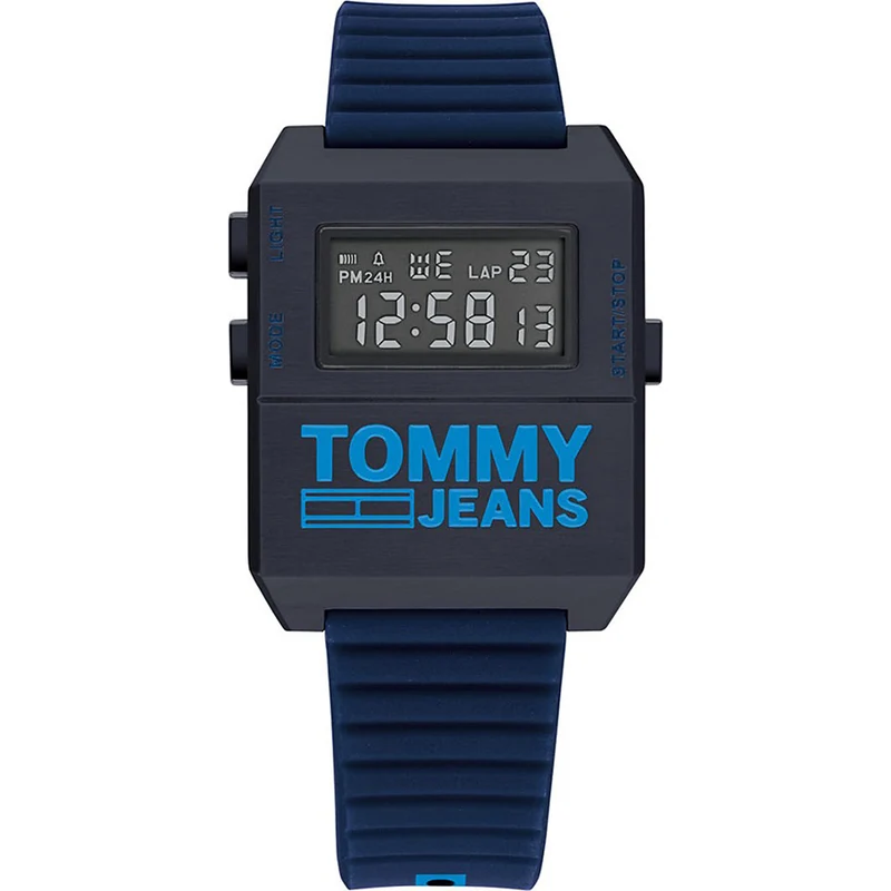 Tommy Hilfiger Tommy Jeans 1791677 Herren Armbanduhr Schwarz • Digitales LCD-Uhrwerk • Blau-Schwarzes Silikonarmband