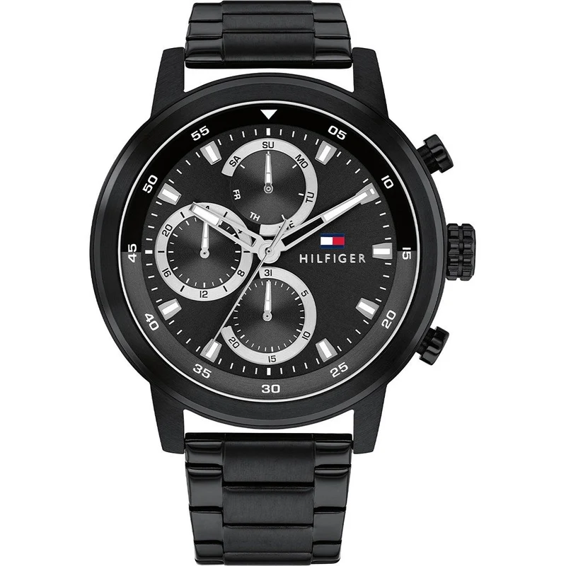 Tommy Hilfiger Rocky 1792217 Herren Armbanduhr Schwarz • Schwarzes Edelstahlgehäuse • Dreifach-Zifferblatt mit Datum