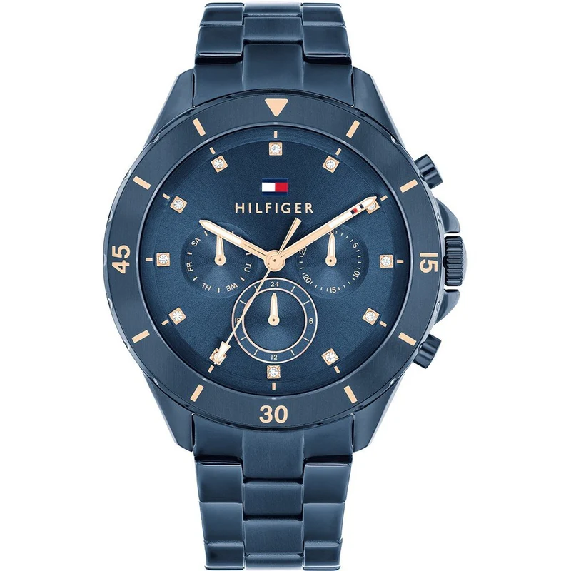 Tommy Hilfiger Mellie 1782743 Damen Armbanduhr Blau • Blaues Zifferblatt mit Steinbesatz • Edelstahl-Gliederarmband