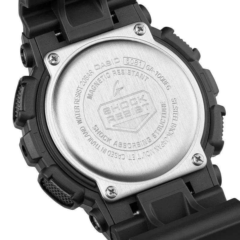 Casio G-Shock GA-100BEG-1AER Herren Armbanduhr Schwarz • Stoßfestes Resingehäuse • 200 m Wasserdichtigkeit