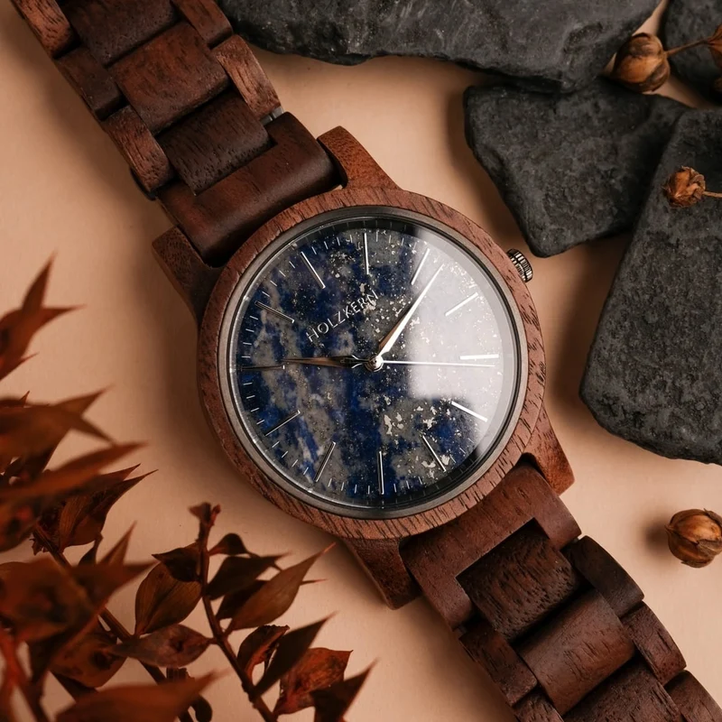 Holzkern Summer Evening Armbanduhr Nussbaum/Lapislazuli • Miyota Quarzwerk • Echtes Naturholz