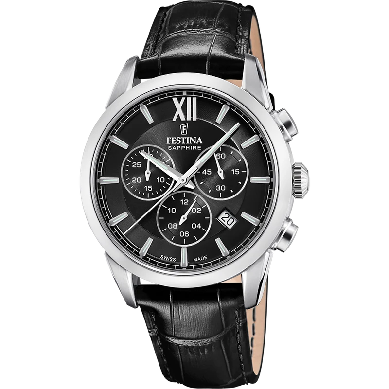 Festina Chrono F20041/4 Herren • Schweizer Herstellung • Schwarzes Lederarmband