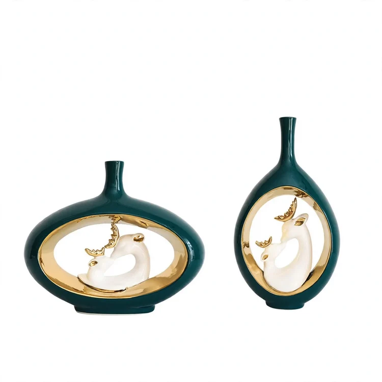 Keramik-Blumenvase mit Hirsch-Motiv