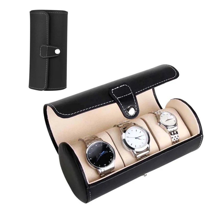 Zylindrische Uhrenbox aus Leder mit 3 Fächern