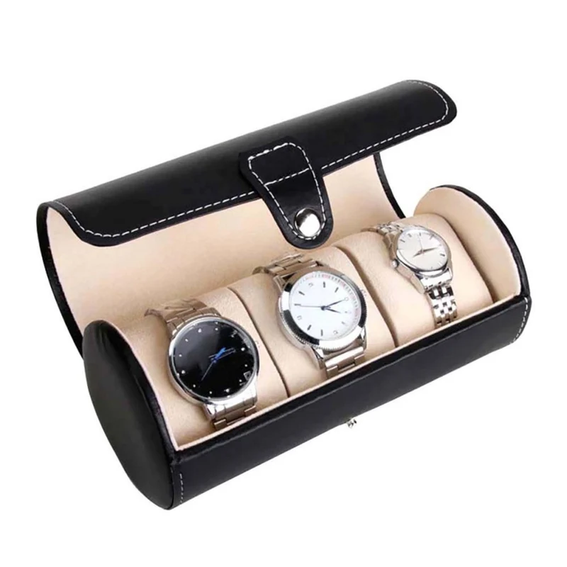 Zylindrische Uhrenbox aus Leder mit 3 Fächern