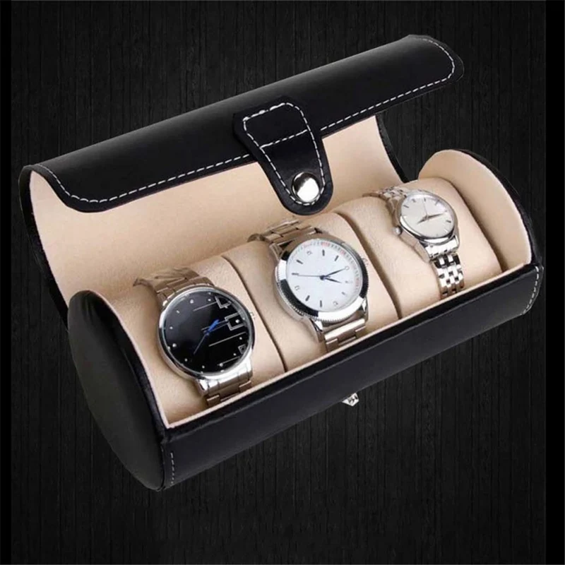 Zylindrische Uhrenbox aus Leder mit 3 Fächern