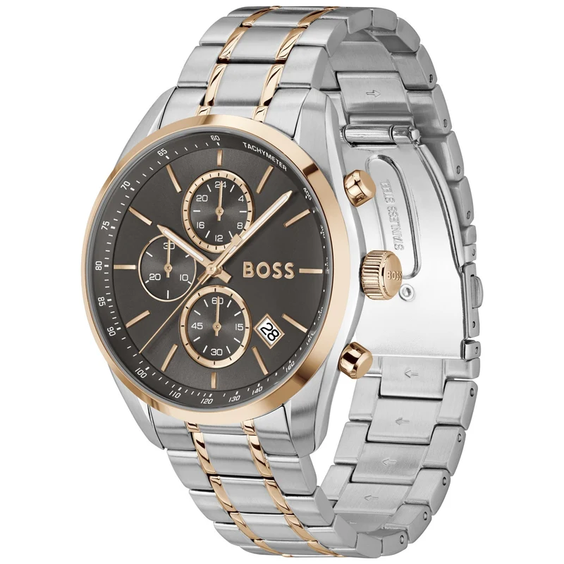 BOSS Grand Prix 1514252 Herren Armbanduhr Grau • Chronograph mit Tachymeter • Zweifarbiges Edelstahlarmband