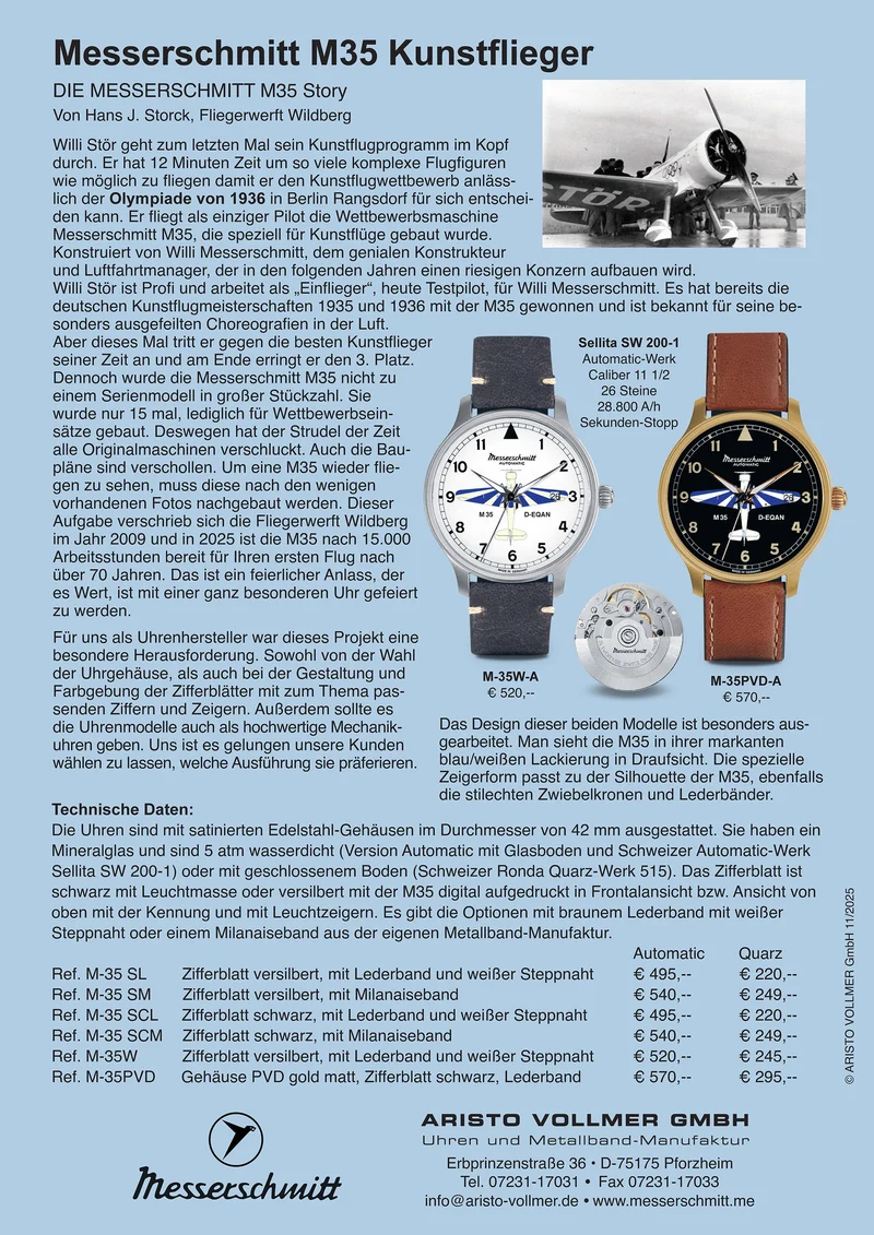 Messerschmitt M-35B-QL Herrenuhr • Schweizer Ronda Quarzwerk • Leuchtzeiger