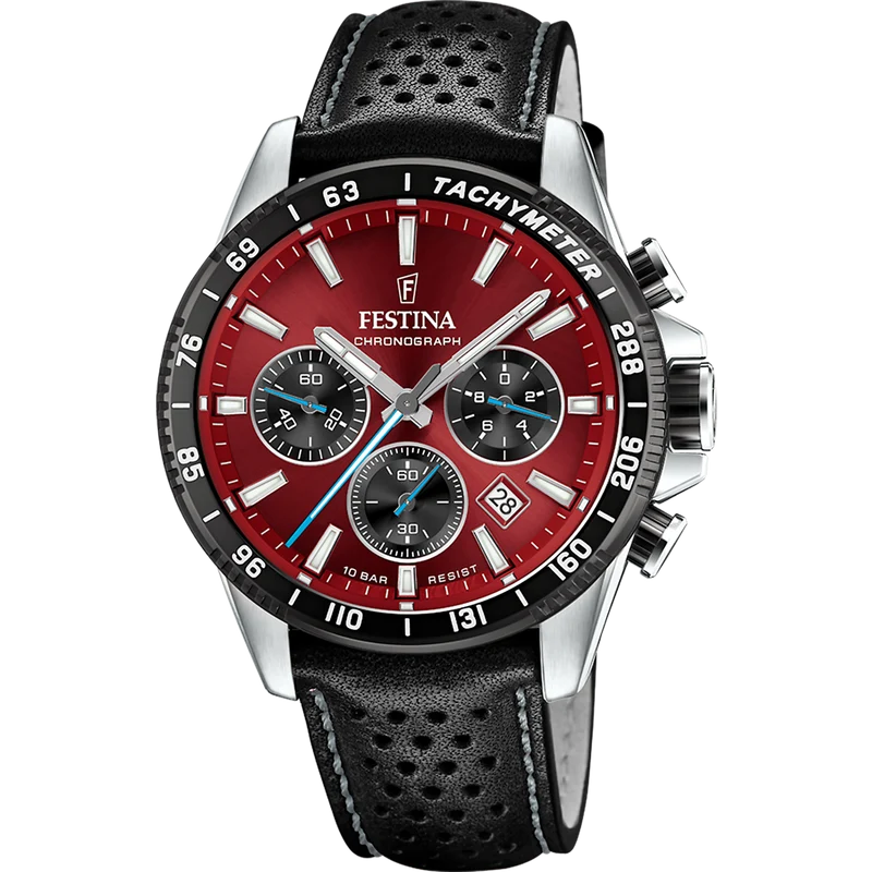 Festina Timeless Chronograph F20561/7 Herrenuhr Schwarz/Rot • Chronograph • Lederarmband