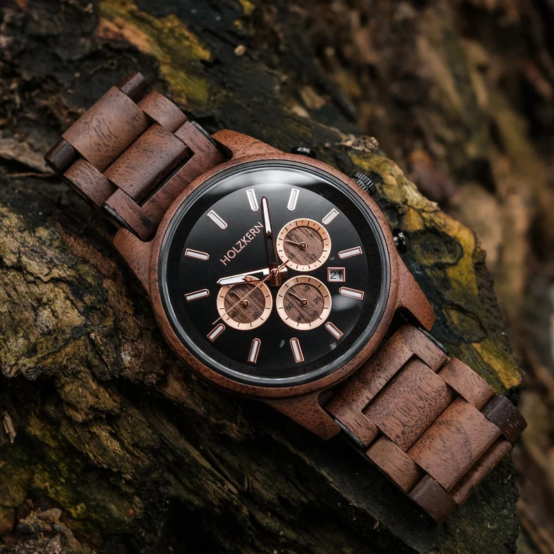 Holzkern Askja Herrenuhr • Naturholz & Marmor • Dual Time Quarzwerk