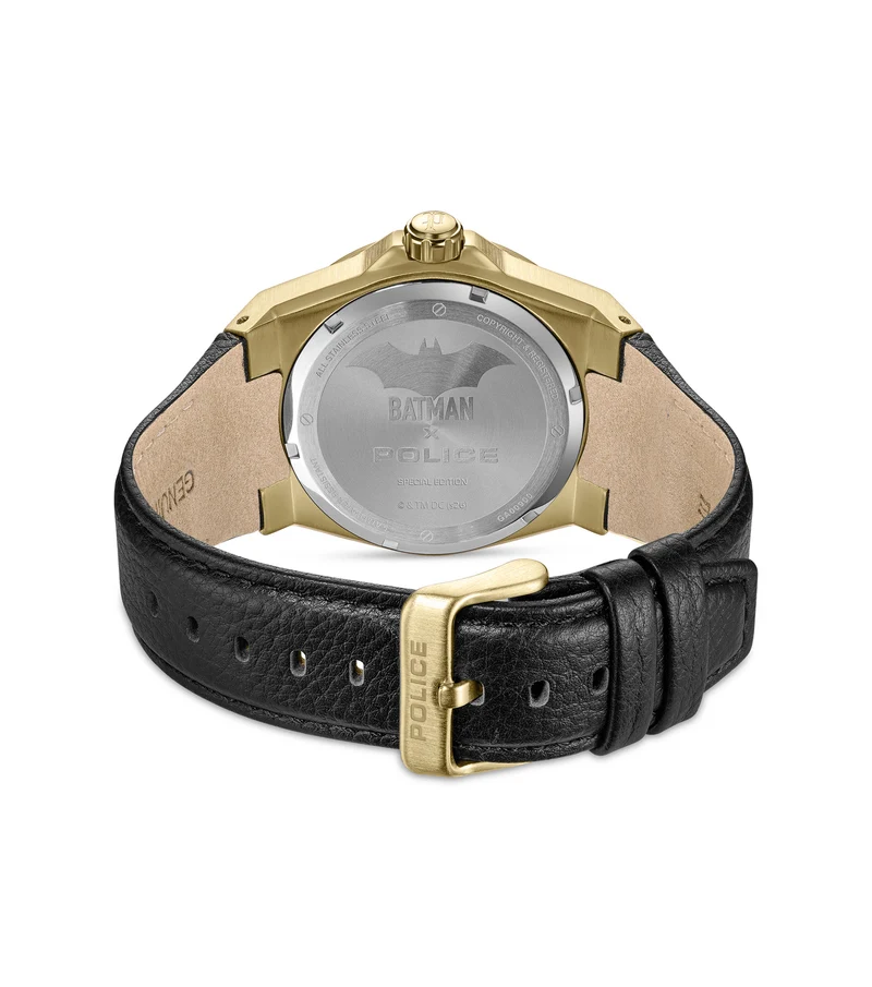 Police Batwing PEWGA0090006-SET Herrenuhr Schwarz/Gold • Goldplattiertes Edelstahlgehäuse • Rotierendes Batman-Symbol