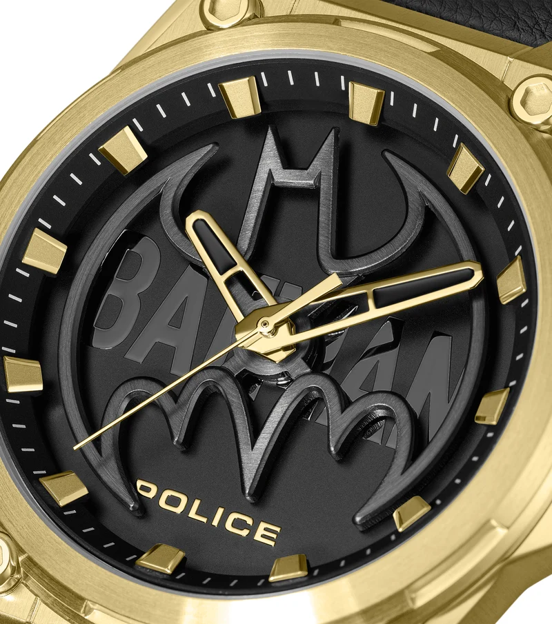 Police Batwing PEWGA0090006-SET Herrenuhr Schwarz/Gold • Goldplattiertes Edelstahlgehäuse • Rotierendes Batman-Symbol