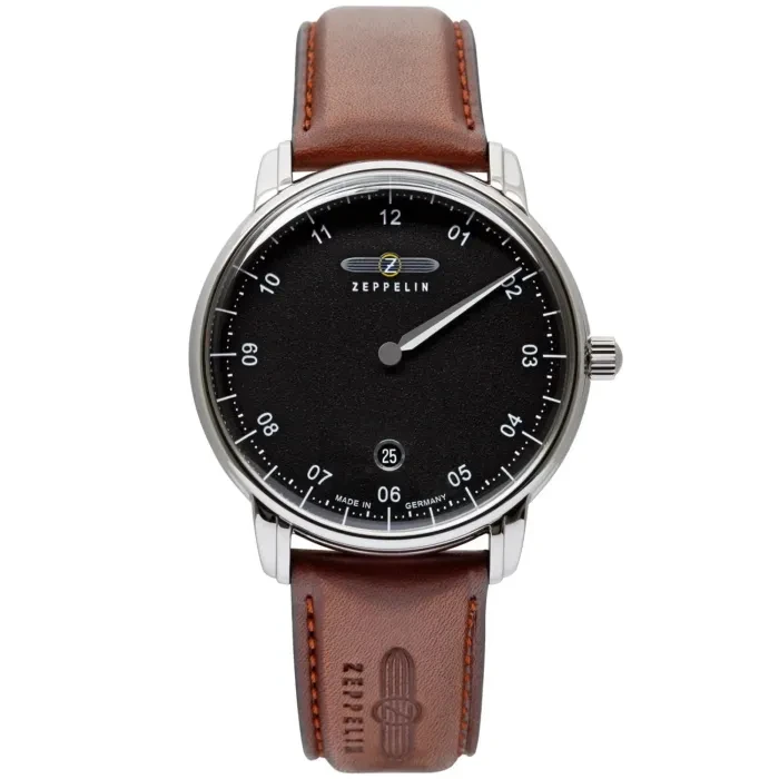 Zeppelin Captain's Line Swiss Movement 86422 Herrenuhr Schwarz • ETA F06.111 Quarzwerk • Braunes Kalbslederarmband