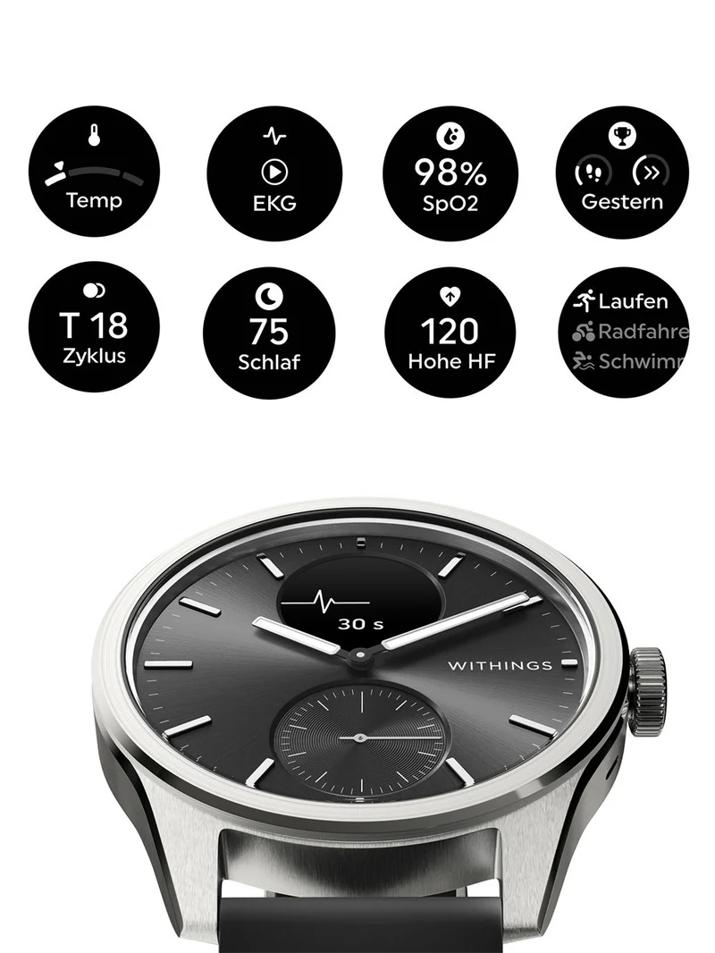 Withings ScanWatch 2 HWA10-model 4-All-Int Armbanduhr Schwarz • Hybrid-Smartwatch mit Saphirglas • 5 ATM Wasserdicht