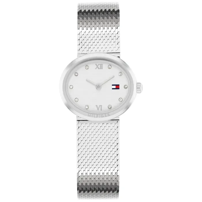 Tommy Hilfiger MOIRA 1782846 Damen Armbanduhr Silber • Ovales Gehäuse mit Open Heart • Milanaise-Armband aus Edelstahl