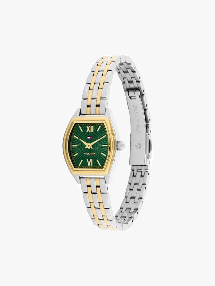 Tommy Hilfiger Norah 1782907 Damen Armbanduhr Grün • Tonneau-Gehäuse vergoldet • Römische Ziffern auf Smaragdgrünem Zifferblatt