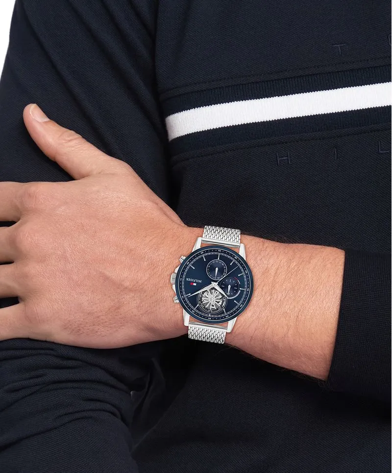 Tommy Hilfiger Stewart 1710609 Herren Armbanduhr Blau • Skelett-Zifferblatt • Edelstahl-Milanaise